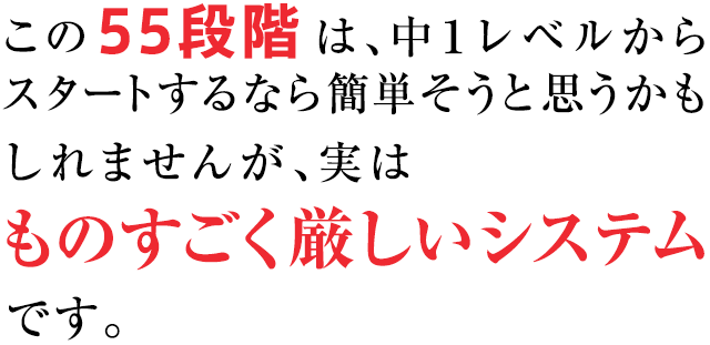 この55段階というものは、中1からスタートするなら簡単そうと思うかもしれませんが、実はものすごく厳しいシステムです。